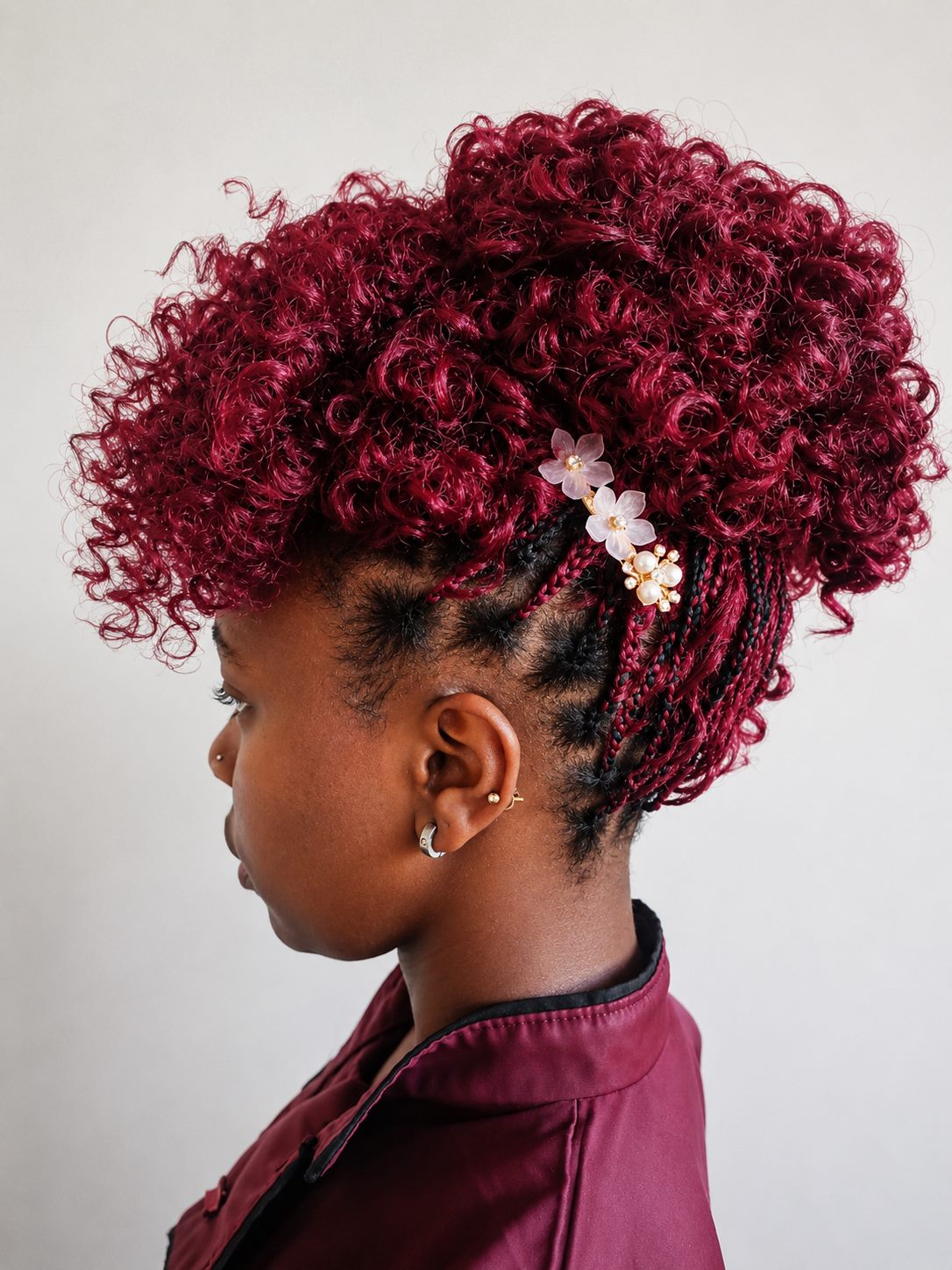 Burgundy curls and braided salon artistry